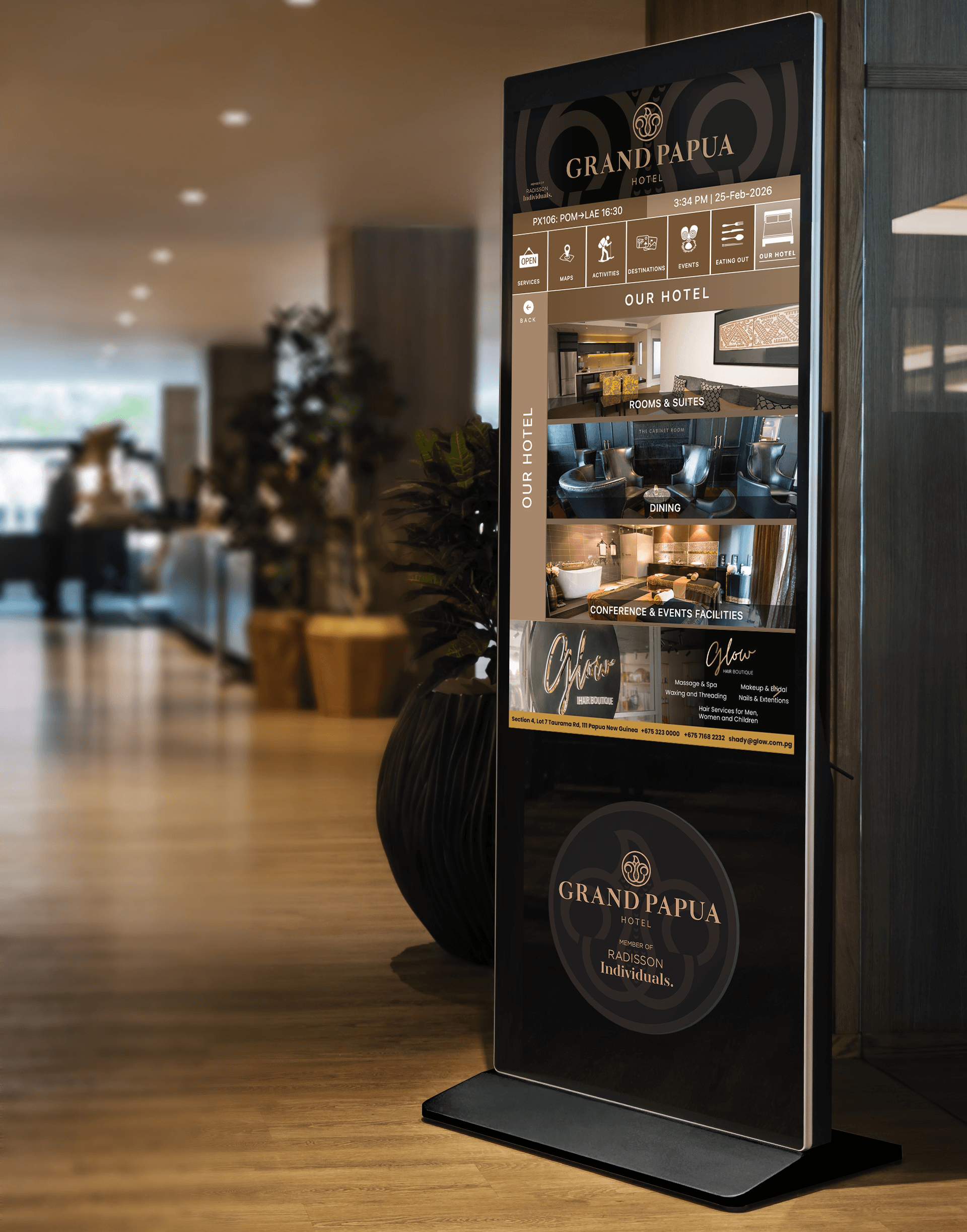 Interactive touchscreen kiosk installed in a hotel lobby